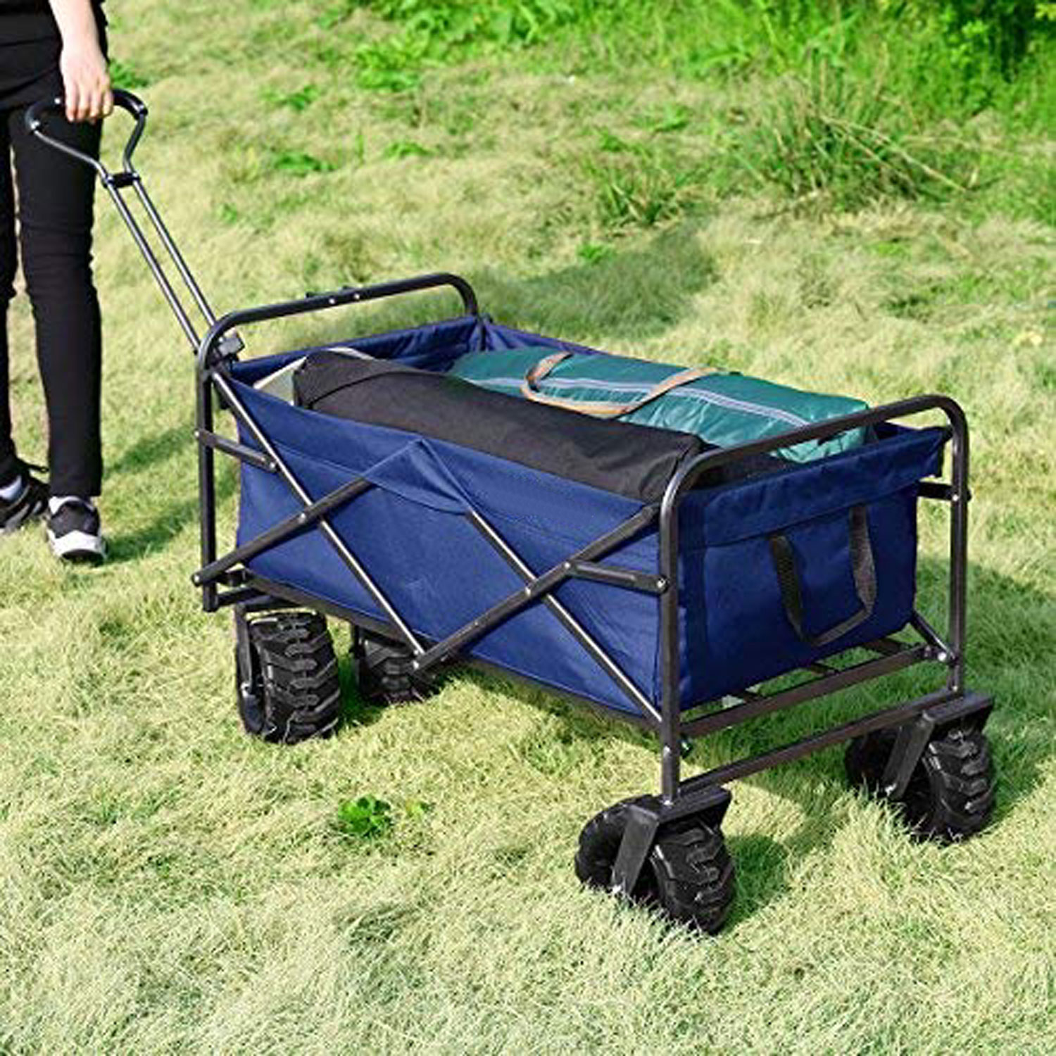 JAKAGO Collapsible Outdoor Utility Wagon Heavy Duty Folding Wagon Sturdy Garden Cart for Shopping Camping Beach Picnic with Adjustable Handle Blue 