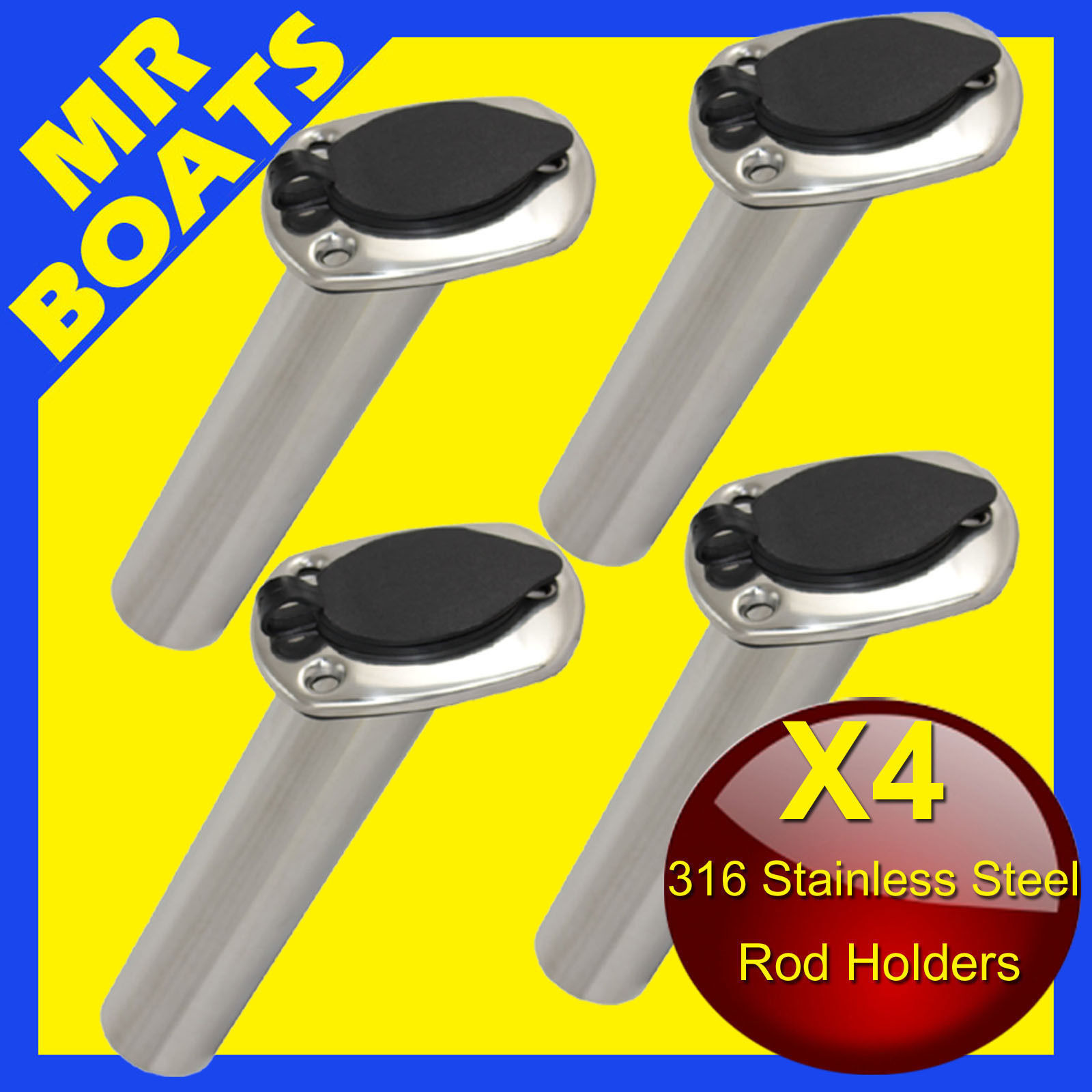4 x STAINLESS STEEL BOAT FISHING ROD HOLDERS & CAPS 30° ANGLED FREE