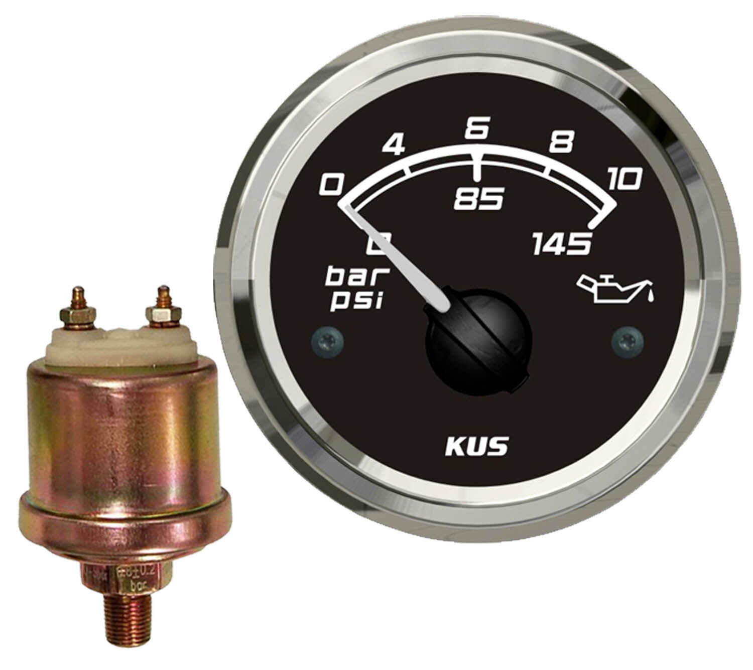 KUS Oil Pressure Gauge + Sensor - Black & Chrome - 0~10Bar