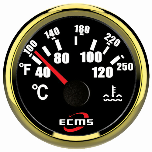 ECMS Water Temperature Gauge - Black & Gold - Temp Range 40-120°C Dia 2" 52MM 12V 24V