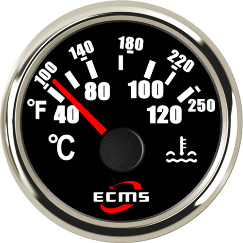 ECMS Water Temperature Gauge - Black & Chrome - Temp Range 40-120°C Dia 2" 52MM 12V 24V Part#: 800-00034