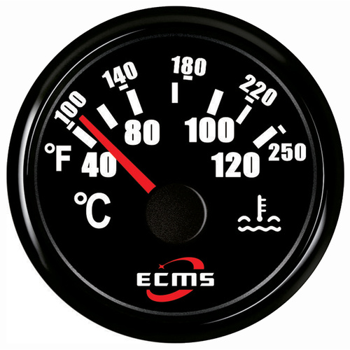 ECMS Water Temperature Gauge - Black on Black - Temp Range 40-120°C Dia 2" 52MM 12V 24V Part#: 800-00035