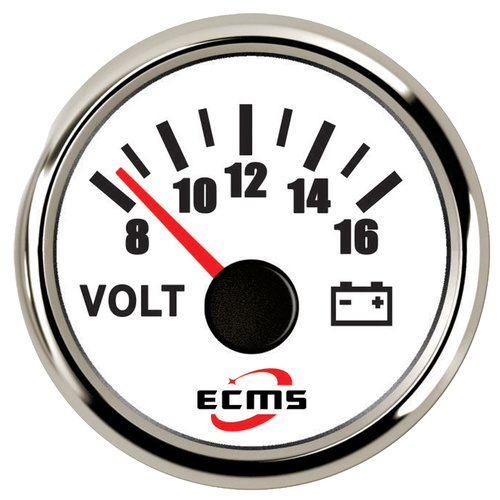 ECMS Voltmeter 8-16V - White & Chrome - Dia 2" 52MM 12V Volt Meter Boat Marine Part#: 800-00056