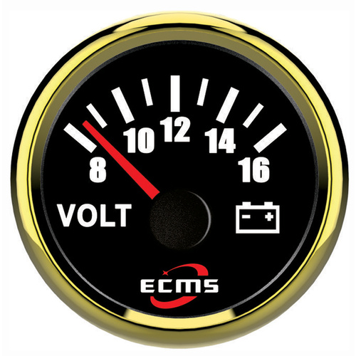 ECMS Voltmeter 8-16V - Black & Gold - Dia 2" 52MM 12V Volt Meter Boat Marine