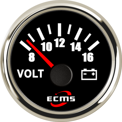 ECMS Voltmeter 8-16V - Black & Chrome - Dia 2" 52MM 12V Volt Meter Boat Marine Part#: 800-00059