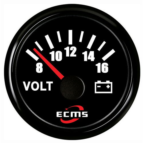 ECMS Voltmeter 8-16V - Black on Black - Dia 2" 52MM 12V Volt Meter Boat Marine Part#: 800-00060