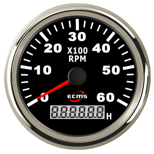 ECMS Tachometer 6000 RPM + Digital Hour Meter - Black & Chrome - Boat marine 12V Part#: 900-00014