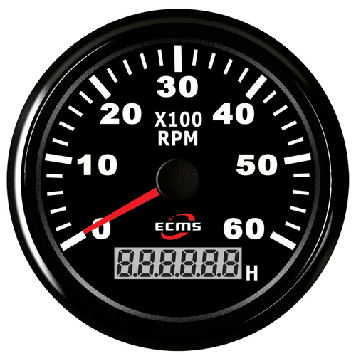 ECMS Tachometer 6000 RPM + Digital Hour Meter - Black on Black - Boat marine 12V 900-00015