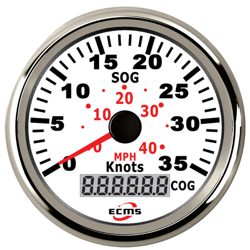 ECMS Speedometer GPS Gauge 40 MPH / 35 Knots- White & Chrome - 85MM 12V Part#: 900-00041