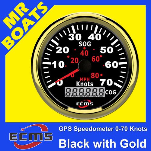 ECMS Speedomater GPS Gauge 80 MPH 70 Knots - Black & Gold - 85MM 12V