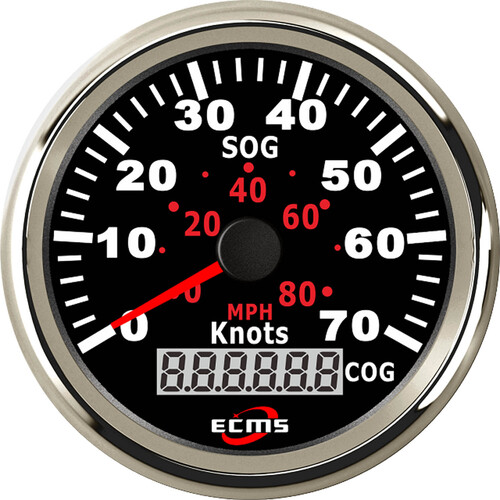 ECMS Speedometer GPS Gauge 80 MPH 70 Knots - Black & Chrome - 85MM 12V Part#: 900-00049
