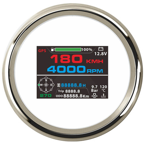 ECMS Multi-Functional  (10 in 1) Digital Gauge ✱ WHITE & CHROME ✱ GPS Speedometer Tachometer Hour Water Temp Fuel Level Oil Pressure Voltmeter 85mm 