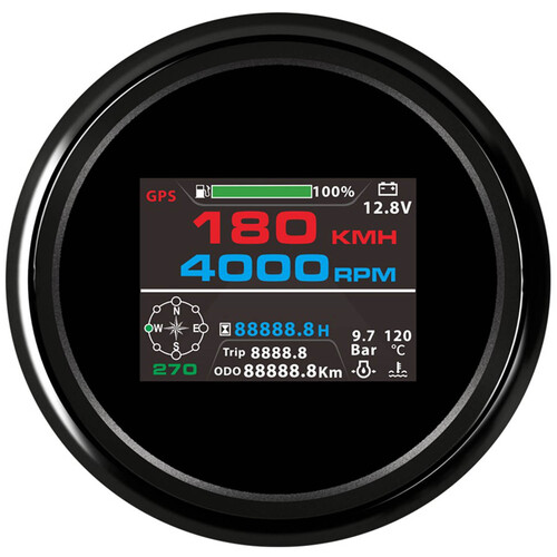 ECMS Multi-Functional  (10 in 1) Digital Gauge ✱ BLACK on BLACK ✱ GPS Speedometer Tachometer Hour Water Temp Fuel Level Oil Pressure Voltmeter 85mm