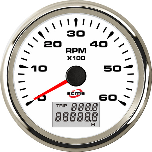 ECMS Tachometer 6000 RPM + DIGITAL HOUR & TRIP Meter Gauge - White & Chrome - Boat marine 12V 902-00011