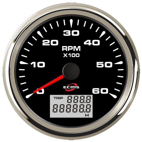ECMS Tachometer 6000 RPM + DIGITAL HOUR & TRIP Meter Gauge - Black & Chrome - Boat marine 12V Part#: 902-00014