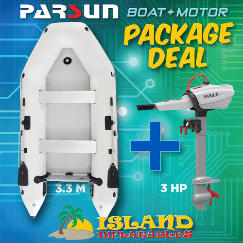 3.3m "WHITE" ISLAND INFLATABLE BOAT + 3HP Parsun JOY 3 ELECTRIC OUTBOARD MOTOR "  PACKAGE DEAL " 11ft Island Air-Deck Boat &  Electric Outboard