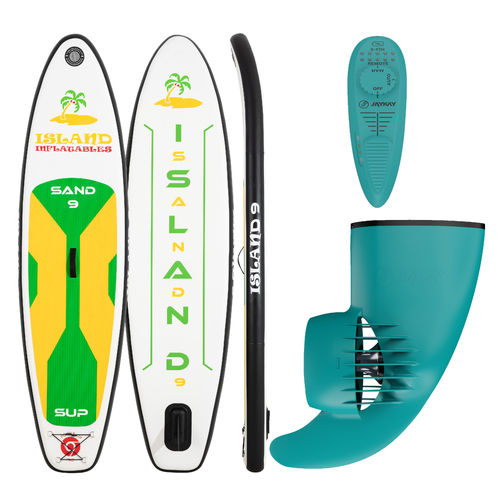POWER UP SUP ISLAND SAND 9ft BOARD & JAYKAY E-FIN Electric Motor 2.7m KID's INFLATABLE STAND UP PADDLEBOARD (SUP) Riders > 90kg Paddle Board