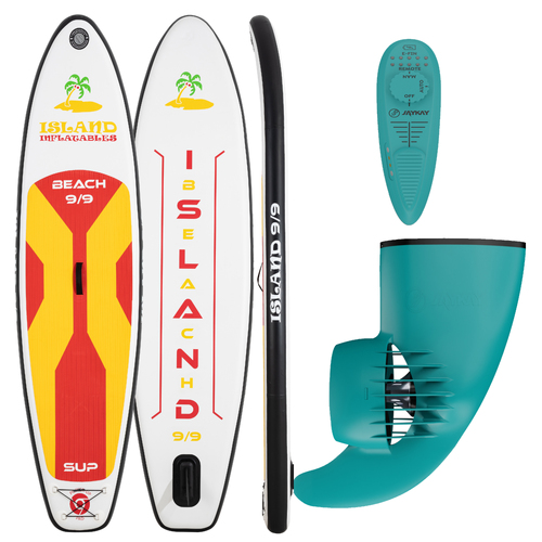 POWER UP SUP ISLAND BEACH 9.9ft BOARD & JAYKAY E-FIN Electric Motor 3m INFLATABLE STAND UP PADDLEBOARD (SUP) Riders > 100kg Paddle Board