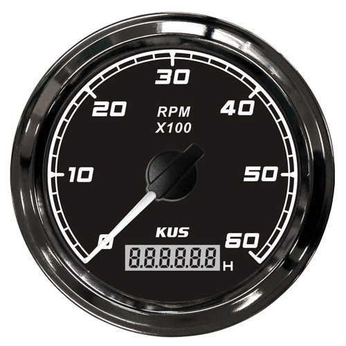 KUS Tachometer 6000 RPM + Digital Hour Meter - Black on Black - Boat marine 12V KF07022