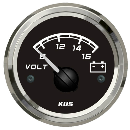 KUS Voltmeter 8-16V - Black & Chrome - Dia 2" 52MM 12V Volt Meter Boat Marine KF13017