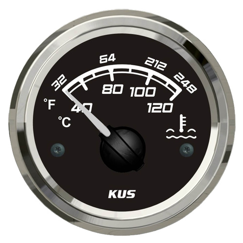 KUS Water Temperature Gauge - Black & Chrome - Temp Range 40-120°C Dia 2" 52MM 12V 24V KF14024