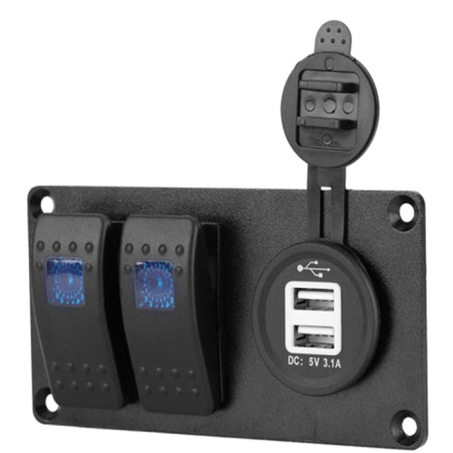 2 Switch / Dual USB Ports Panel BLUE Illumination Switches Marine Grade Splash Proof UV resistant 12-24 Volt 2 Toggle gang