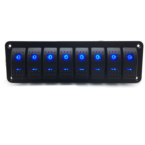 8 Switch Panel BLUE Illumination Switches Marine Grade Splash Proof UV resistant 12-24 Volt 8 Toggle gang