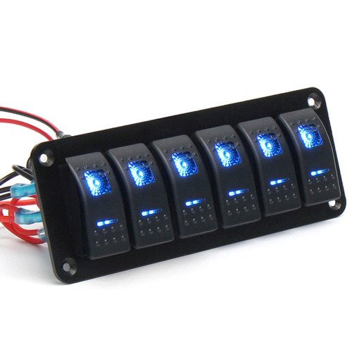 6 Switch Panel BLUE Illumination Switches Marine Grade Splash Proof UV resistant 12-24 Volt 6 Toggle gang
