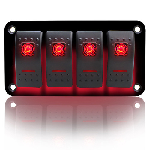4 Switch Panel RED Illumination Switches Marine Grade Splash Proof UV resistant 12-24 Volt 4 Toggle gang
