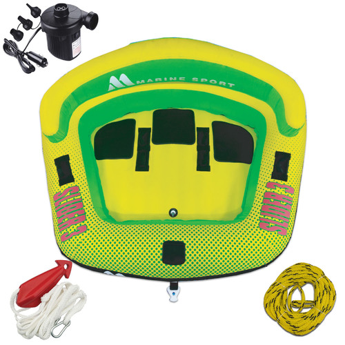 SLIDER 3 SKI TUBE 1-3 Person " Professional Kit " with Rope, Bridle & 12V Pump. U-SHAPE Triple Rider 90" Inch - 229cm Dia Water Ski Biscuit