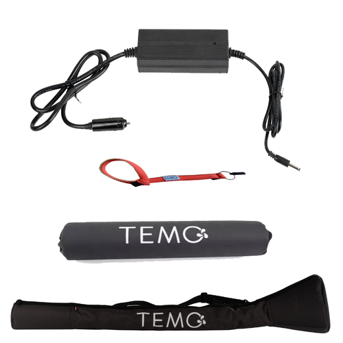 TEMO ELECTRIC OUTBOARD MOTOR " ACCESSORIES " PACKAGE DEAL. Includes: Carry Bag, Float, 12V Charger & Extra Safety Lanyard