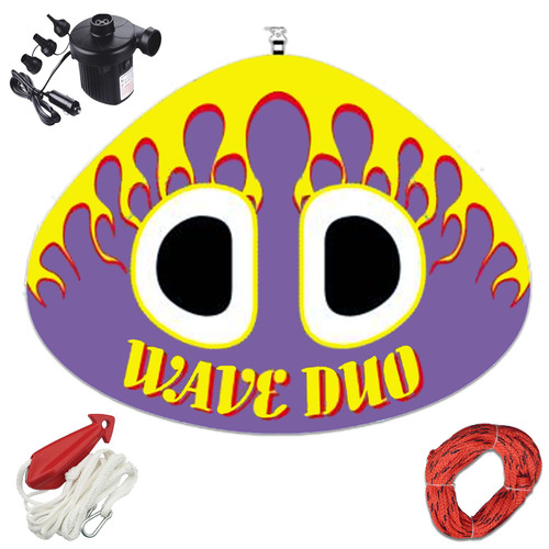 WAVE DUO SKI TUBE 1-2 Person " Professional Kit " with Rope, Bridle & 12V Pump. Double Rider 81 Inch / 206cm Dia Water Ski Biscuit
